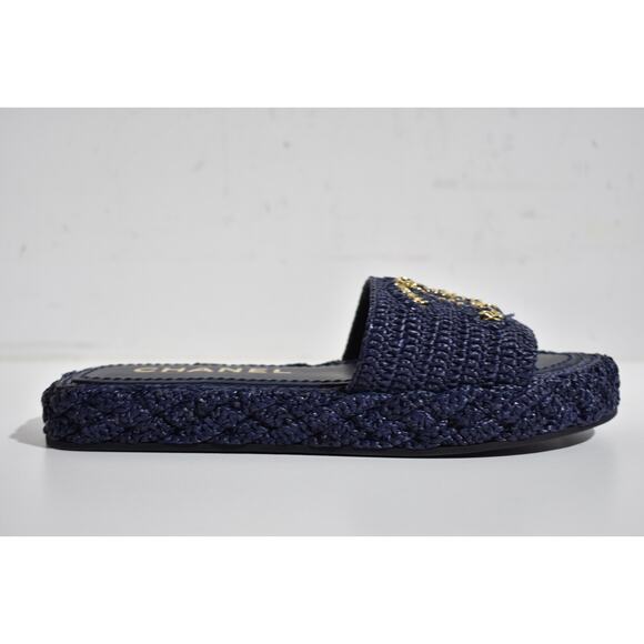 Chanel 21C Navy Blue Cord Gold Chain CC Logo Mule Slide Slip On Sandal Flat 37 - Picture 2 of 12